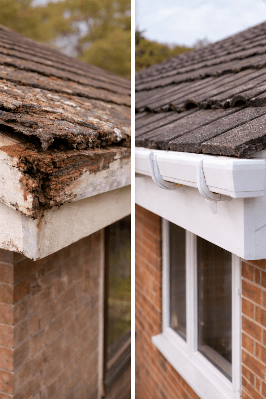 Comparison of damaged wooden fascias and uPVC replacement, Stoke-on-Trent