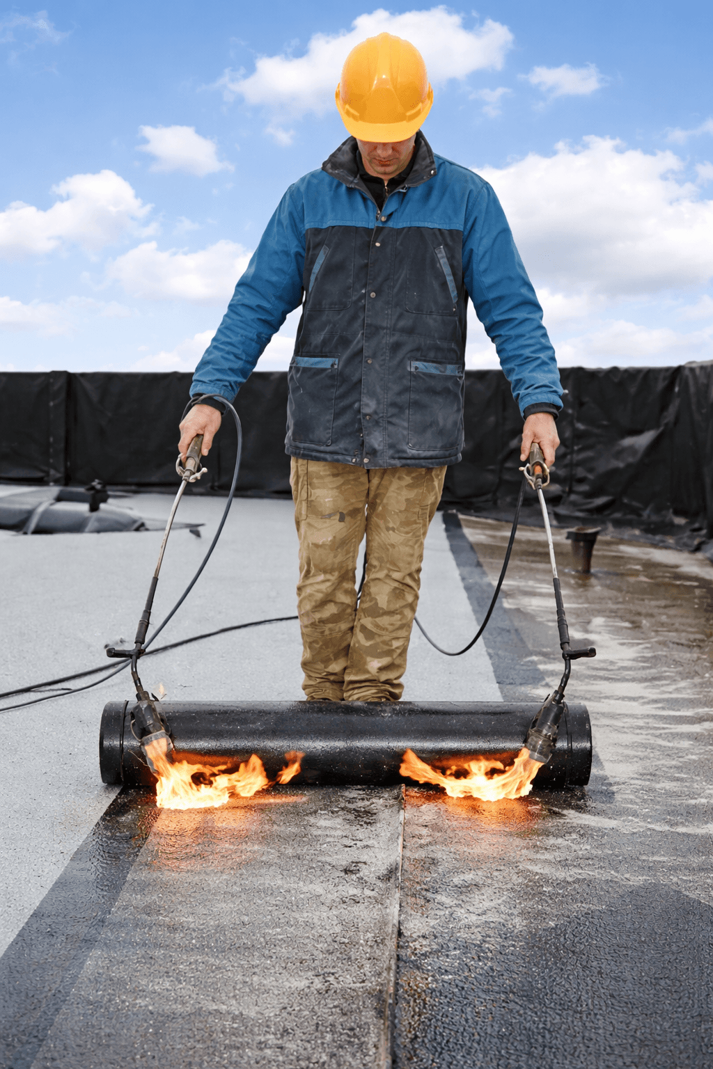 Experienced flat roofing contractor applying torch-on felt roofing with heat-sealed bitumen membrane in Stoke-on-Trent
