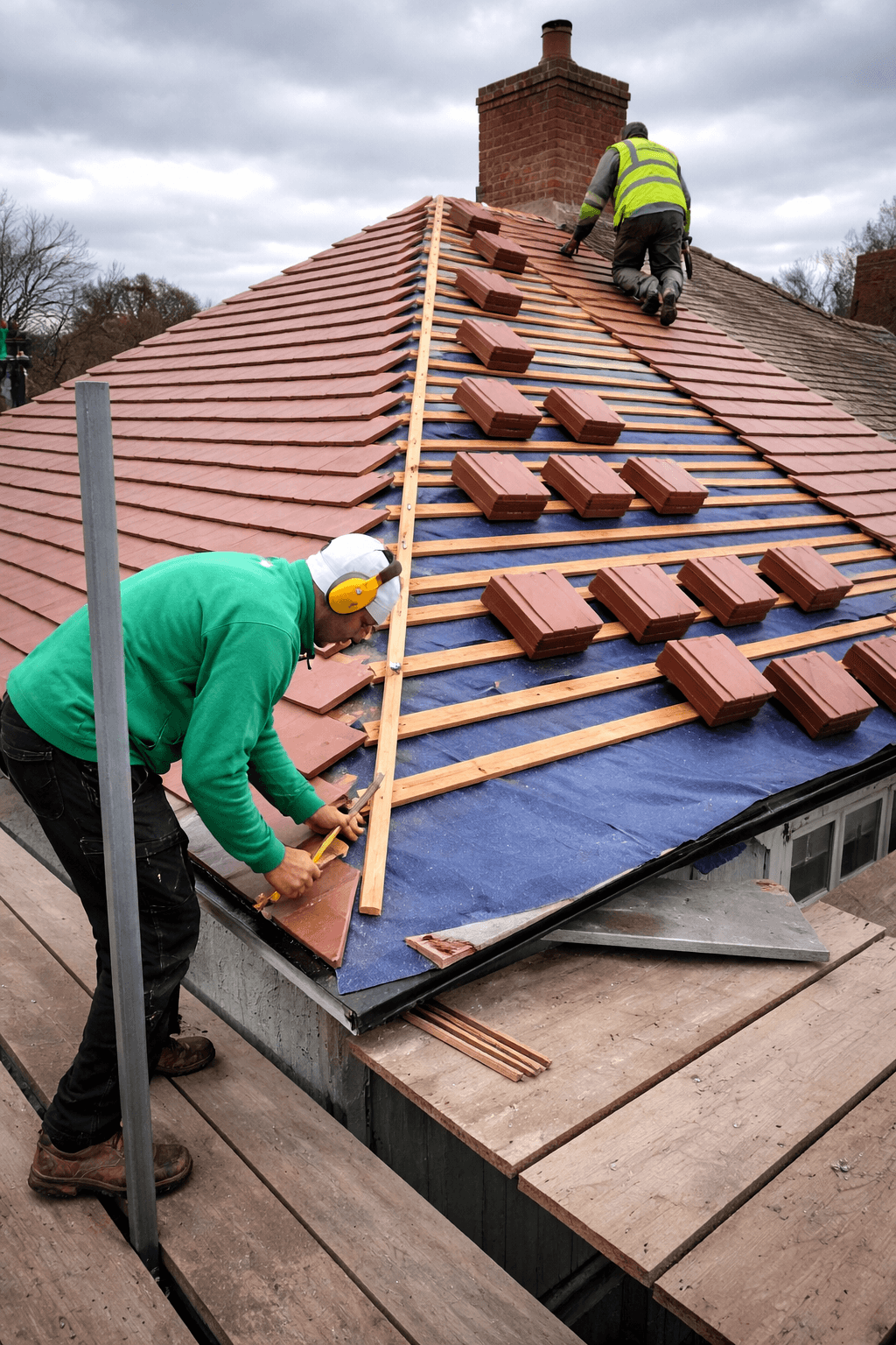Experienced roofing contractors installing a new tiled roof on a residential property in Stoke-on-Trent.