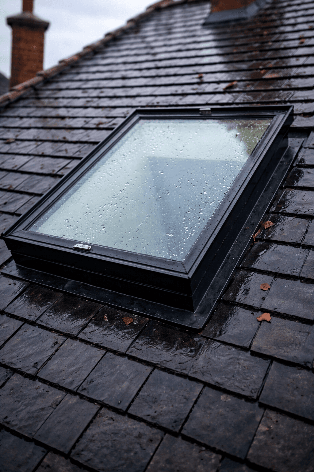 Roof window installed on slate tiled roof with weatherproof flashing in Stoke-on-Trent by professional roofing contractors